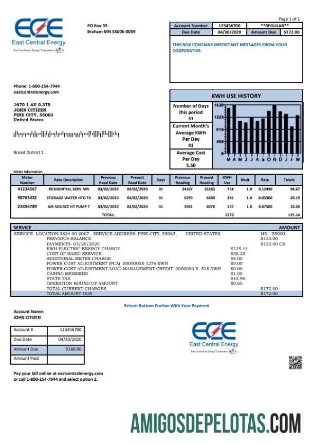 Em branco modelo de conta de serviços públicos de energia central leste de Minnesota dos EUA em formato Word e PDF (.doc e .pdf)